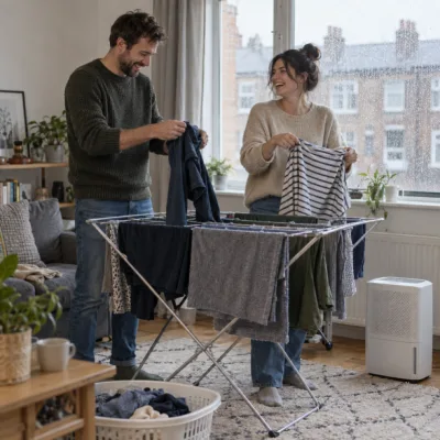 A couple in their thirties laugh as they hang laundry on an indoor airer on a rainy day, a small white dehumidifier beside it