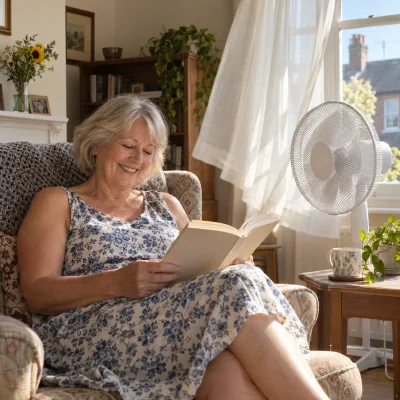 A woman in her sixties reads in an armchair on a summer afternoon, a white pedestal fan turning beside her