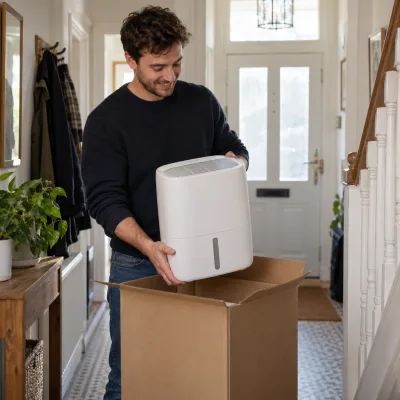A man in his late twenties lifts a compact white dehumidifier out of a box in his hallway