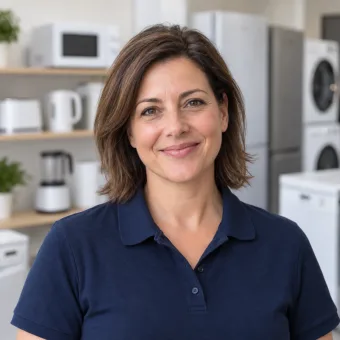 A woman in her forties in a plain navy polo shirt, shelves of white home appliances blurred behind her