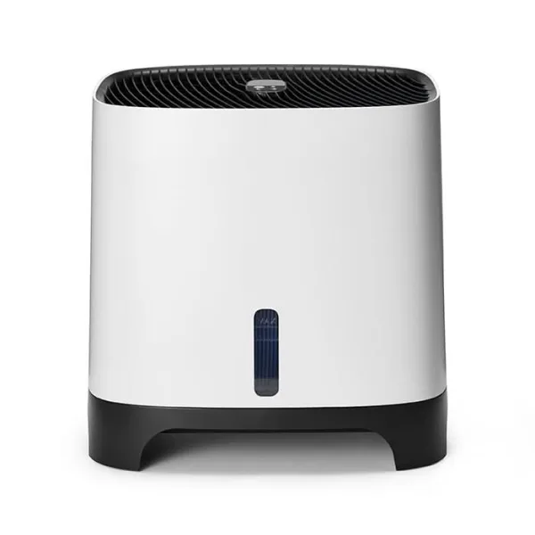 A white Meaco Armin evaporative humidifier with a dark grille on top, a blue water level window and a dark base