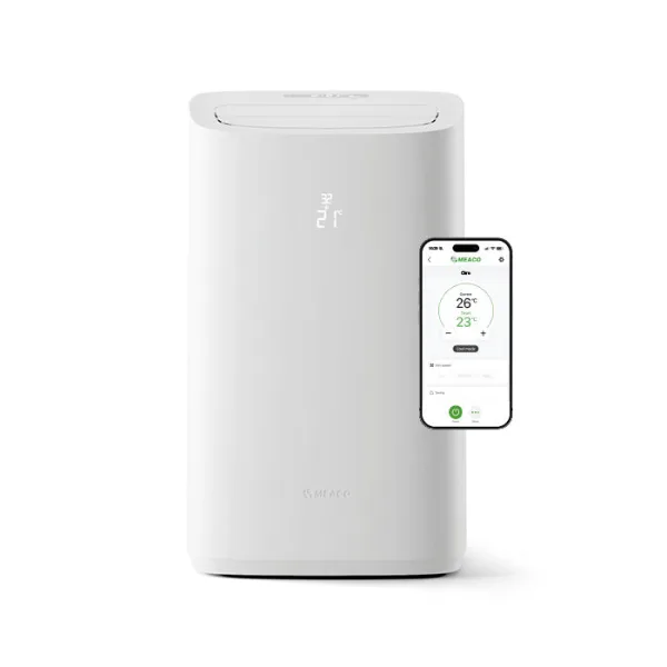 A tall white Meaco Cirro+ portable air conditioner with a temperature display on its front and a phone showing the Meaco app