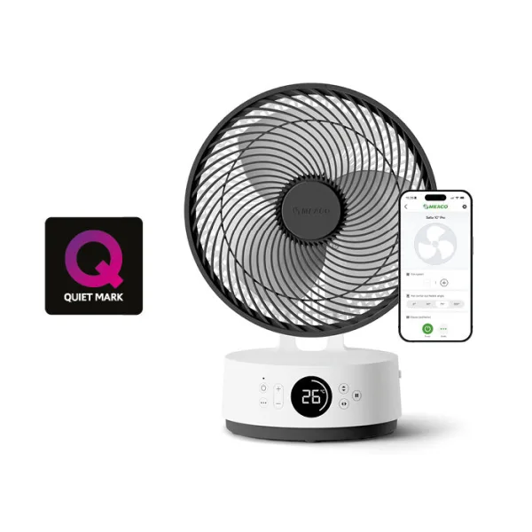A white MeacoFan Sefte Pro 10 inch table air circulator with a dark grille, a round display on its base and a phone showing the Meaco app