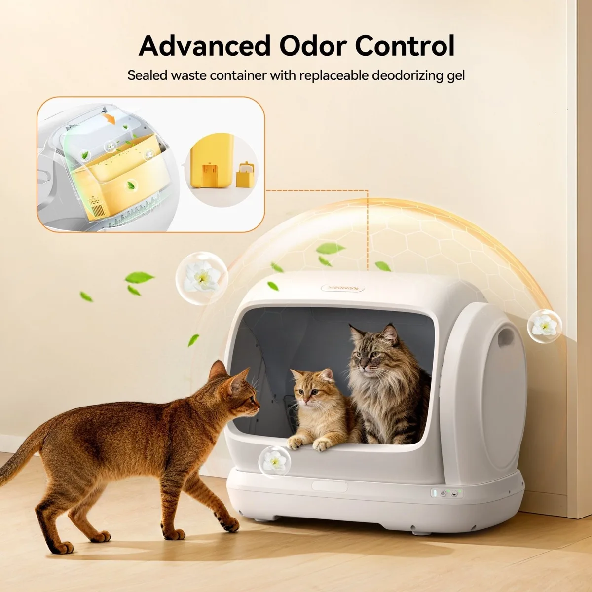 MeoWant's own odor-control image: two cats sitting inside the white SC09 drum while a third walks toward it, with an inset of the sealed waste container and its replaceable deodorizing gel