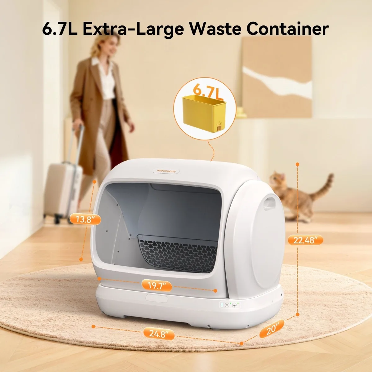 MeoWant's own dimension image of the SC09: 13.8 by 19.7 in entry, 24.8 by 20 by 22.48 in footprint, and a 6.7 L yellow waste container drawn above the box