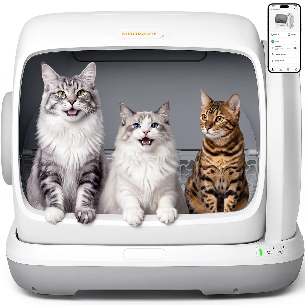 The white MeoWant MW-SC09 litter box seen from the front, three cats sitting inside the open drum, with the phone app shown at the top right corner