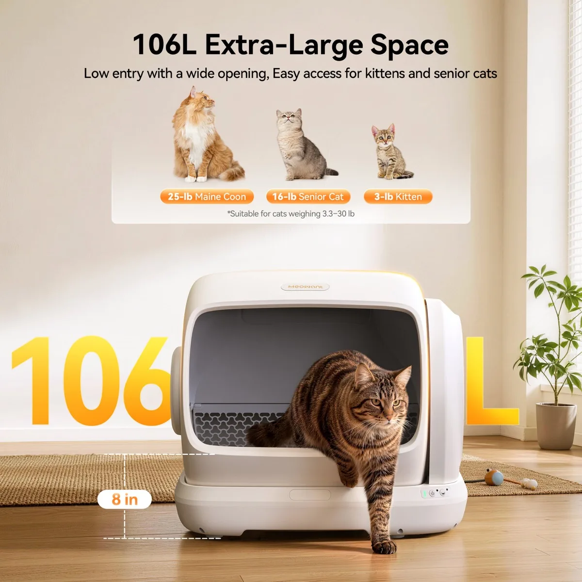 MeoWant's own spec image: a tabby cat stepping out of the white SC09 drum, with 106 L printed in large type, an 8 in entry height marker, and three cat sizes listed from a 3 lb kitten to a 25 lb Maine Coon