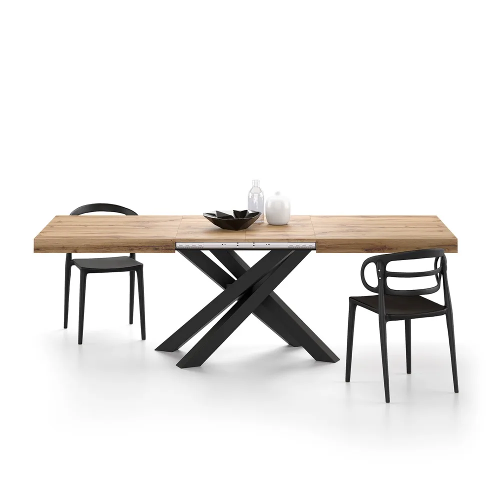 Table extensible Emma de Mobili Fiver, plateau bois rustique et pieds croisés en fer noir, visuel du fabricant