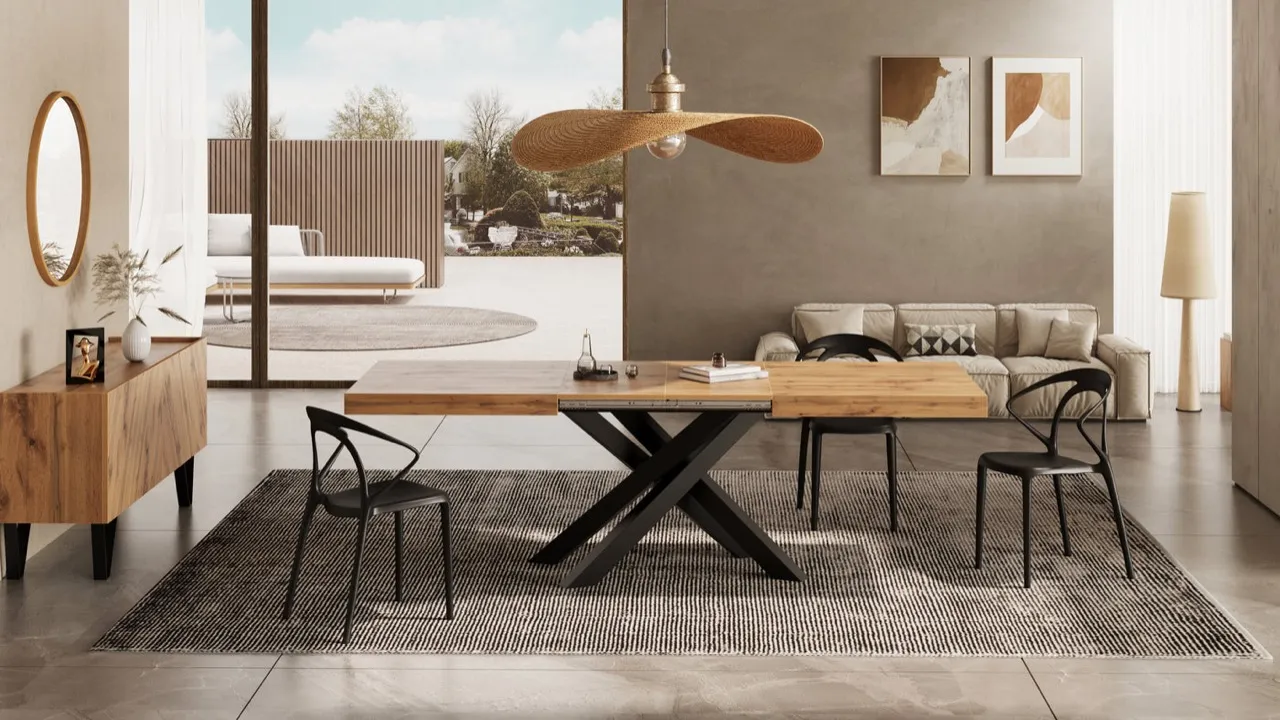 Table Emma dans un s&eacute;jour ouvert sur une terrasse