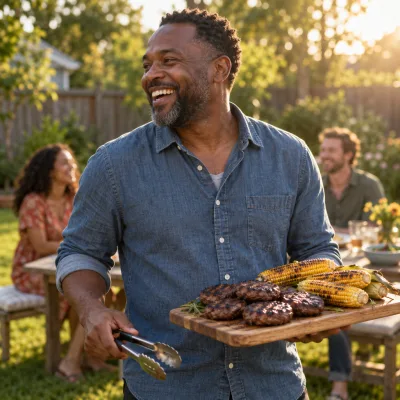 A man in his forties laughing in a backyard at golden hour, holding a board of burgers and grilled corn and a pair of tongs