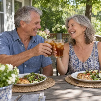 A couple in their sixties toasting with iced tea at a patio table with plates of grilled chicken and salad