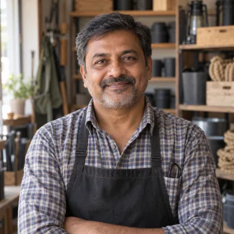 A man in his fifties in a plain dark apron and checked shirt, arms crossed, in a small outdoor-supply shop