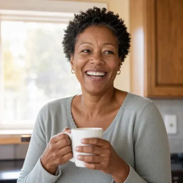 Une femme souriante, une tasse à la main, devant la fenêtre ouverte d'une cuisine