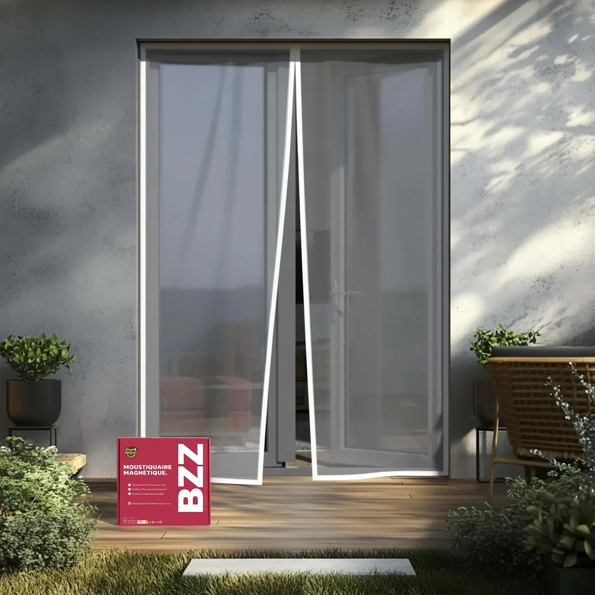 La moustiquaire magnétique Moskera blanche posée sur une porte-fenêtre de terrasse, un pan entrouvert, avec la boîte rouge BZZ au pied du cadre