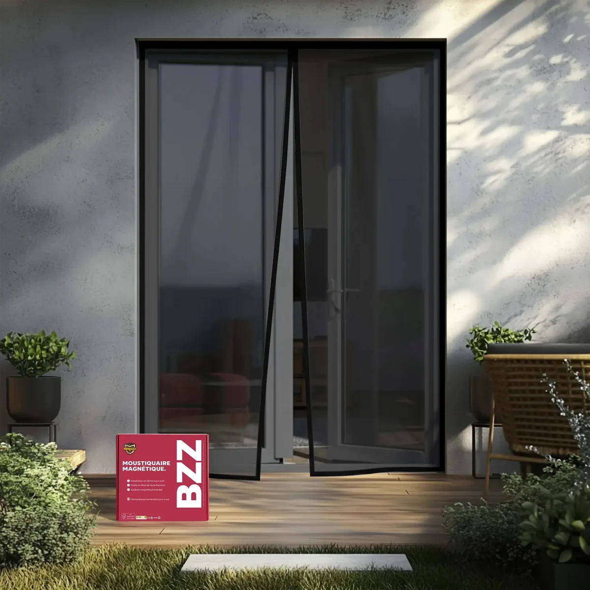 La moustiquaire magnétique Moskera noire posée sur une porte-fenêtre de terrasse, un pan entrouvert, avec la boîte rouge BZZ au pied du cadre