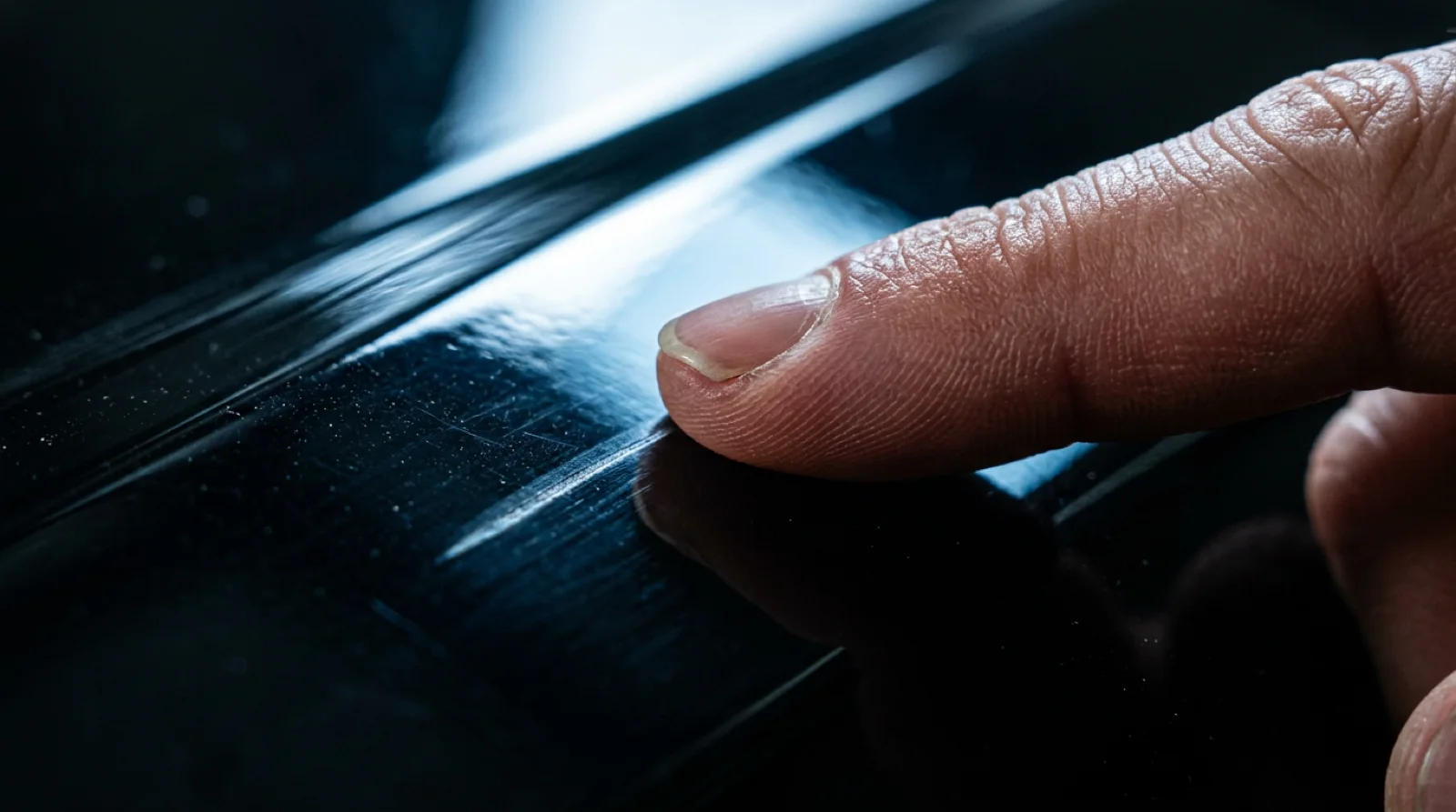 Macro close-up of a fingertip hovering just above a faint surface scuff on dark glossy car paint under raking light
