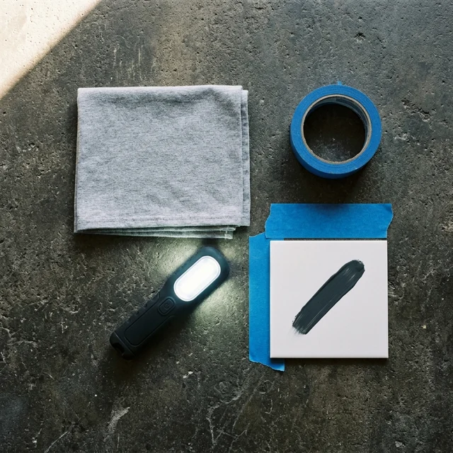 Overhead flat lay on dark concrete of a folded gray cloth, a handheld LED inspection light, painter's tape and a white test tile with a dark paint streak