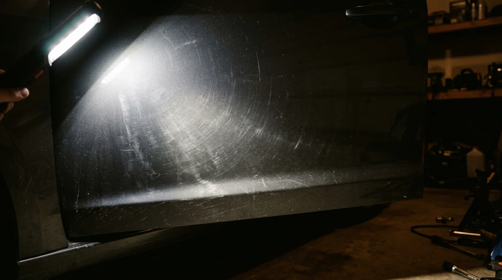 A dark car door panel under a raking cone of white LED work light at night, revealing fine circular swirl marks in the paint