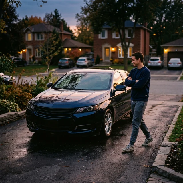 A person stepping back to admire a freshly wiped dark sedan in a driveway at dusk, arms crossed with a small satisfied smile
