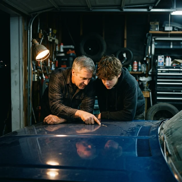 A parent and a teenager leaning over a car hood together, pointing at a spot on the paint under a clip-on work lamp in a garage