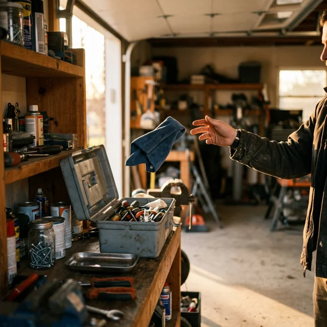 Someone tossing a folded cloth into a small open toolbox on a garage shelf in late golden light, a five-minute job finished