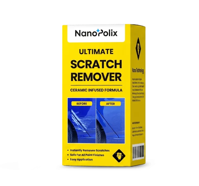 The NanoPolix retail box as the manufacturer pictures it: a yellow carton printed Ultimate Scratch Remover, Ceramic Infused Formula