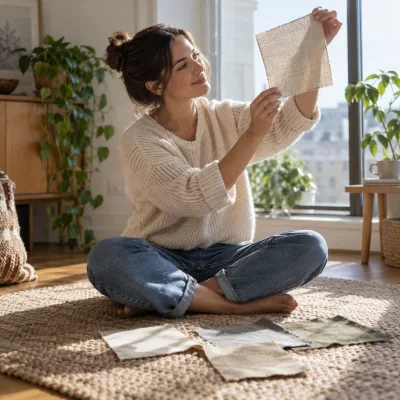 A woman in her late twenties sits cross-legged on a woven rug and holds a square of natural linen up to the window light, more neutral fabric squares spread in front of her