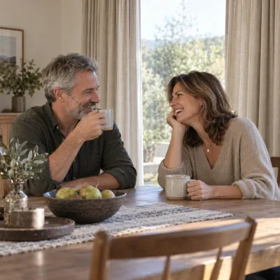 A couple in their fifties laugh over coffee at a long wooden dining table, tall oatmeal linen curtains framing the window behind them and a bowl of pears on the table