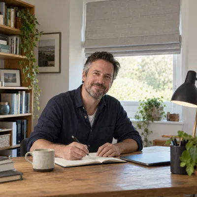 A man in his forties in a navy shirt smiles from his desk over an open notebook, a pale grey roman shade raised halfway on the window behind him and bookshelves at his side