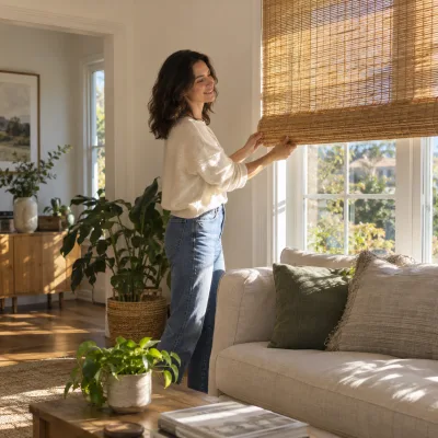 A woman in her thirties in a cream sweater and jeans smiles as she lowers a woven bamboo shade on a big sunny window, a linen sofa with green and woven cushions and potted plants around her