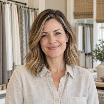 A woman in her forties in a pale linen shirt smiling at the camera, rails of neutral fabric drapes and woven shades blurred behind her