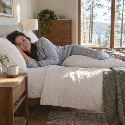 A woman in her thirties in patterned pajamas lies on her side in bed and smiles, a long white pillow along her legs, a mug on the bedside table and pine trees outside the window