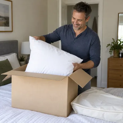 A man in his forties smiles as he lifts a white pillow out of a plain cardboard box on his bed, a zippered pillow bag beside it