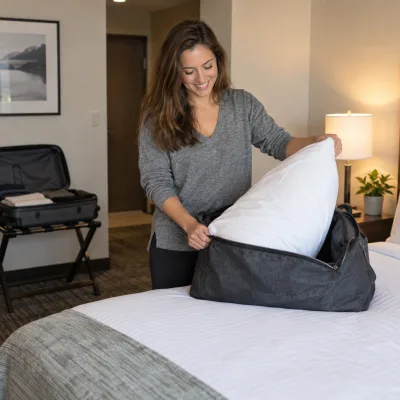 A woman in her late twenties smiles as she takes a white pillow out of a grey zippered travel bag on a hotel bed, a suitcase open on the rack behind her