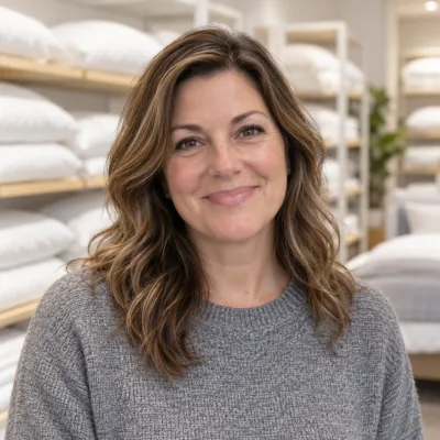 A woman in her forties in a grey knit sweater smiling at the camera, shelves of white pillows blurred behind her