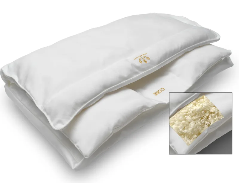 The Noble Head Pillow folded open: the white outer case on top, the inner section embroidered CORE below, and an inset square showing the shredded fill