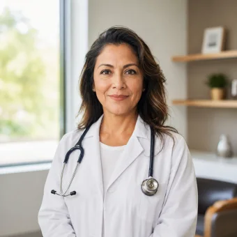 A doctor in a white coat with a stethoscope, standing in a consulting room