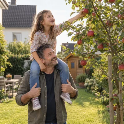 Ein Vater trägt seine Tochter auf den Schultern, sie pflückt einen roten Apfel vom jungen Apfelbaum im Garten