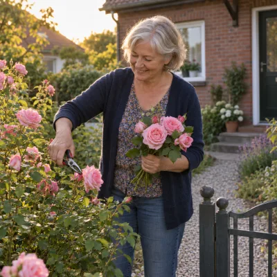 Eine Frau in ihren Sechzigern schneidet rosa Rosen im Vorgarten eines Backsteinhauses