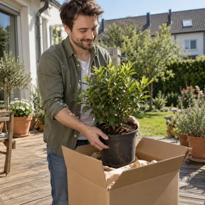 Ein Mann Anfang dreißig hebt einen jungen Strauch im Topf aus einem Versandkarton auf der Terrasse