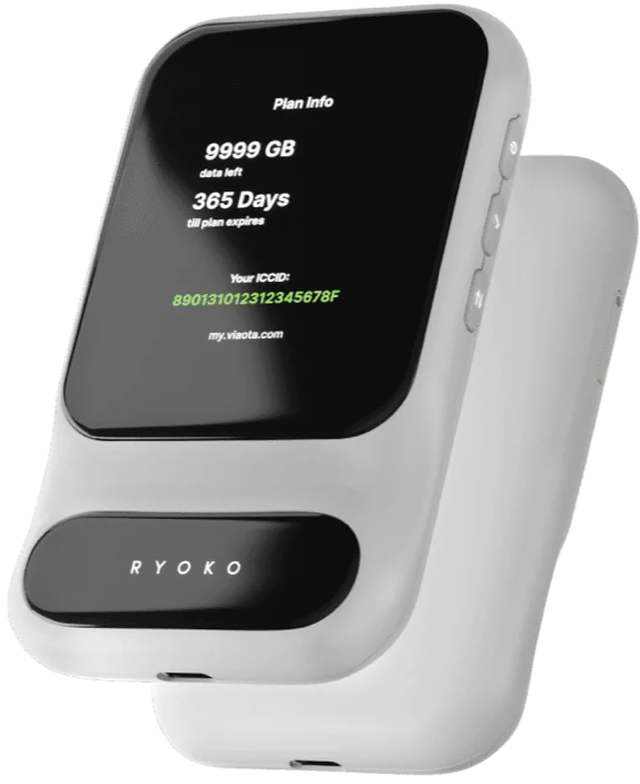 The seller's own product image of the Ryoko PRO router: a white pocket 4G LTE hotspot shown from the front and from the back, the front screen printing a Viaota plan-info panel and the lower panel printing RYOKO