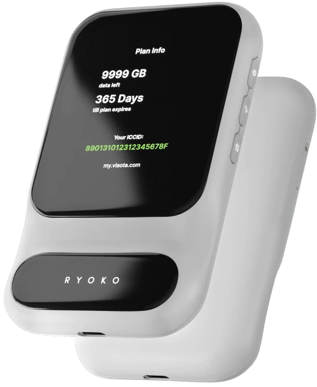 The seller's own product image of the Ryoko PRO pocket 4G LTE WiFi router, shown from the front and from the back