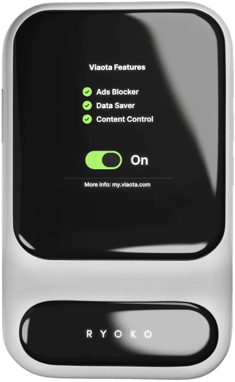 The seller's own product image of the Ryoko PRO router seen from the front, its screen printing a Viaota feature list with ad blocker, data saver and content control switched on