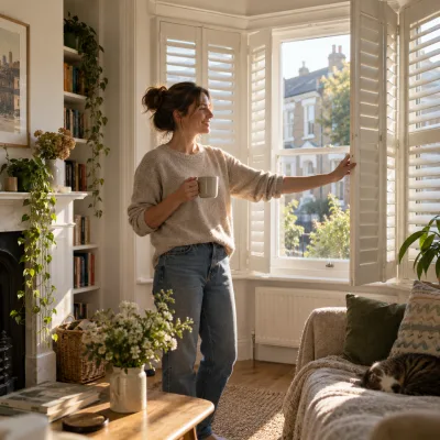 A woman in her thirties opens white plantation shutters in a bay window, a cup of tea in her other hand