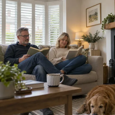 A couple in their fifties read on a sofa, soft light coming through white shutters behind them