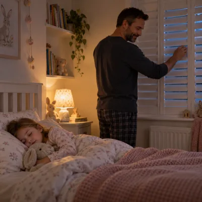 A father tilts the louvres of white shutters while his young daughter sleeps