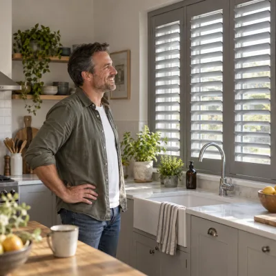 A man in his forties stands with hands on hips in front of grey wooden shutters in his kitchen