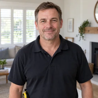 A shutter fitter in his forties in a plain dark polo shirt, a tape measure on his belt, in a bright living room