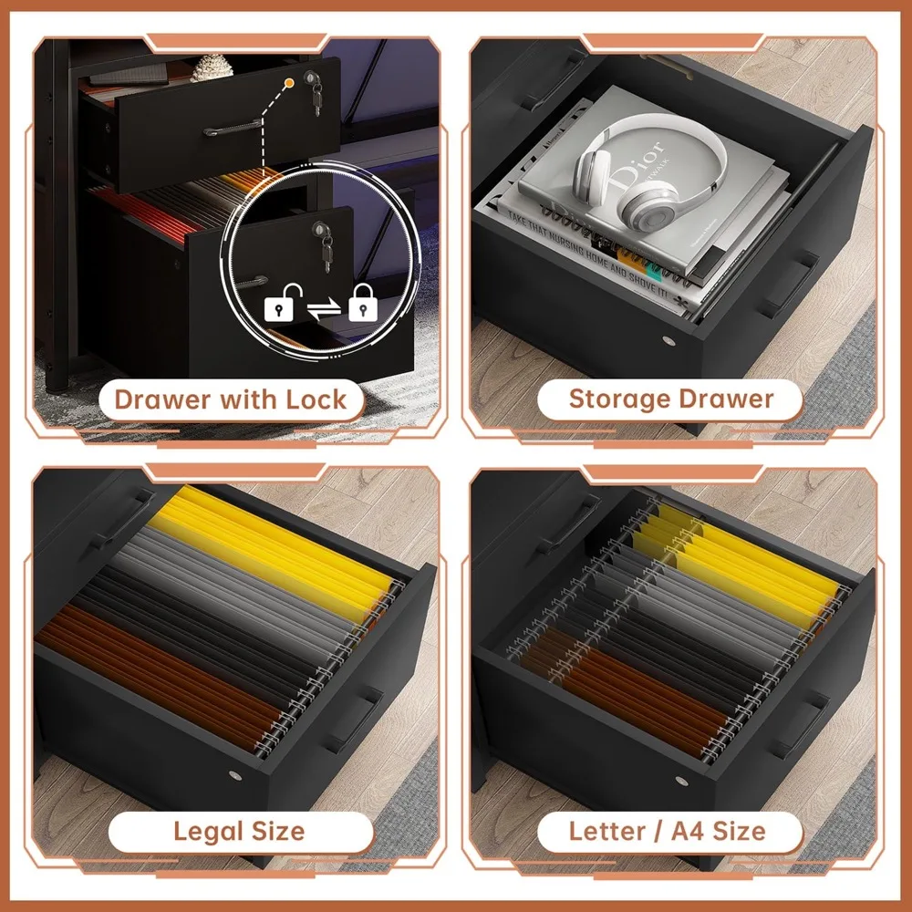 Four close-ups of the file cabinet: the lock drawer, the storage drawer and hanging folders in legal and letter sizes
