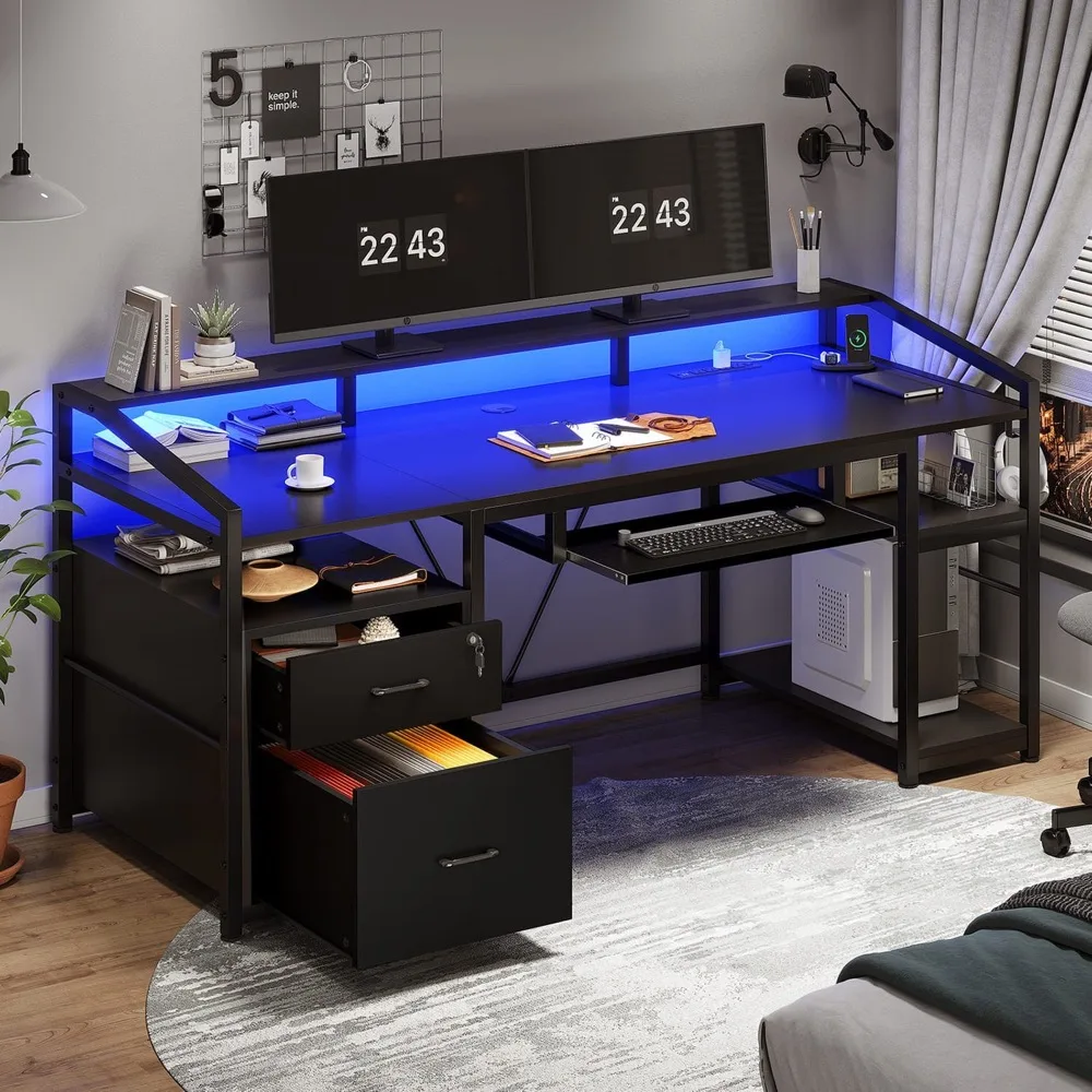 The desk in a bedroom with the LED strip lit blue, two monitors on the shelf and both drawers pulled open